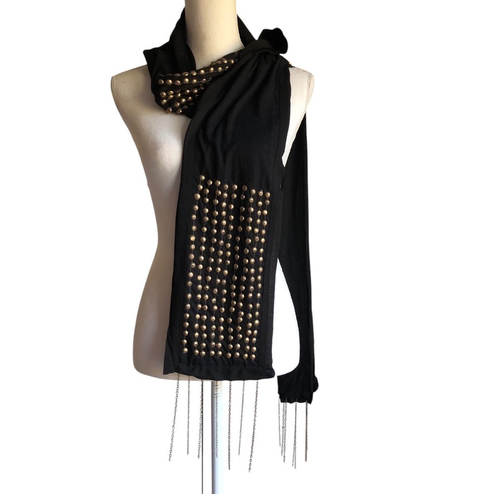Raj NWT Scarf Studded Chain Fringe Rayon Black
